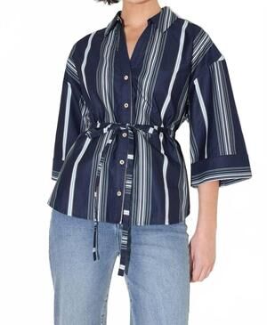 NEW FLYING TOMATO striped woven top in navy multi